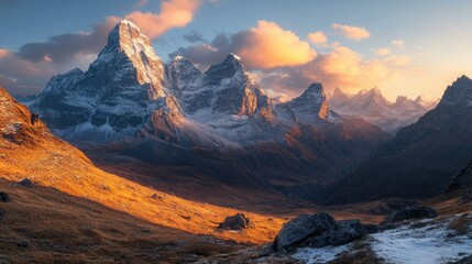 Naklejka premium Sunrise over the Yading Nature Reserve, with golden light illuminating the peaks and casting long shadows across the valleys.