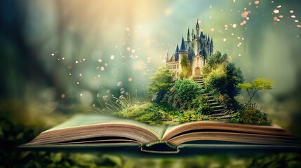 Open book with fairy tale castle on top. Fantasy and education concept