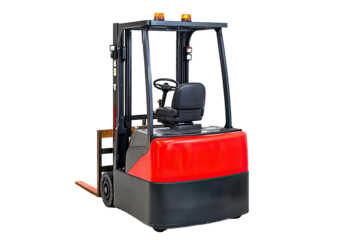 Modern electric forklift with red and black design for efficient warehouse operations and material handling.