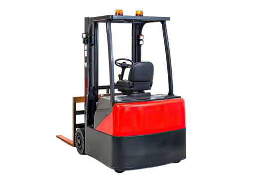 Modern electric forklift with red and black design for efficient warehouse operations and material handling.