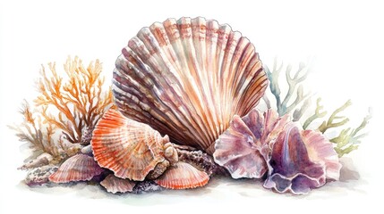 Obraz premium Shell watercolor illustration featuring elements of underwater scenery