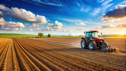 Obraz premium Tractor cultivating a freshly plowed field in spring, agriculture, farming, springtime, rural