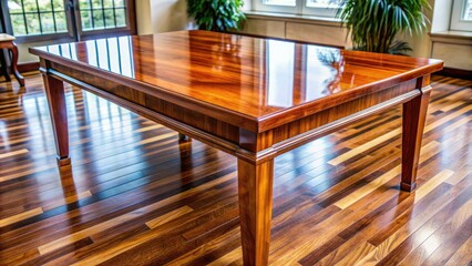 Polished wooden table with a rich varnish finish, subtle wood grain pattern, and a slight sheen, evoking warmth and elegance in a home or office setting.