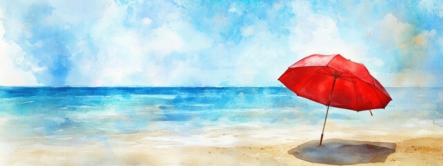 Red umbrella on a beach with a clear blue sky and pleasant weather Joyful vacation scene Stock illustration Watercolor painting