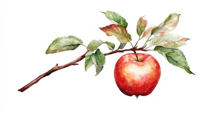 Red apple on a branch isolated on white watercolor hand drawn illustration of a botanical tree representing harvest garden fruit cider and vitamins