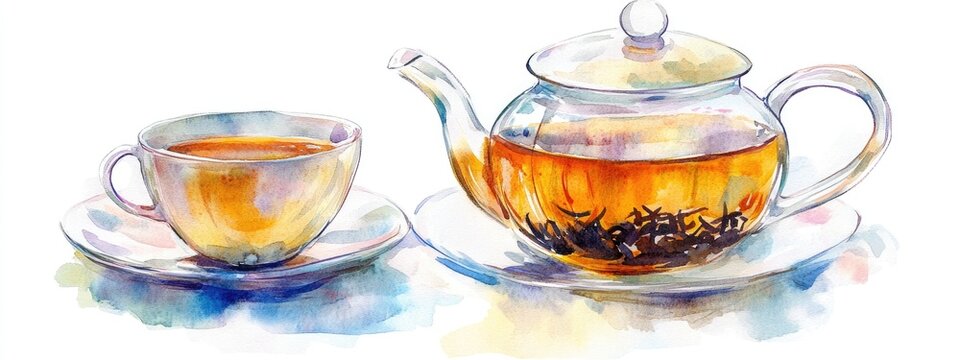 Transparent glass teapot and cup set featuring black tea Hand painted watercolor illustration on a white background