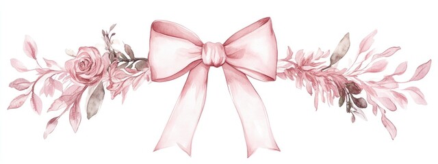 Pink bow and crest watercolor clipart featuring a wedding frame and ribbons isolated on a white background