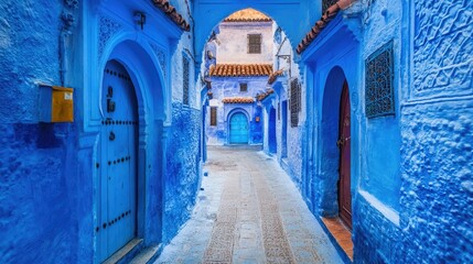 The iconic blue streets of Chefchaouen, Morocco, with narrow alleyways and traditional Moroccan doors framed by vibrant blue walls. © sarun