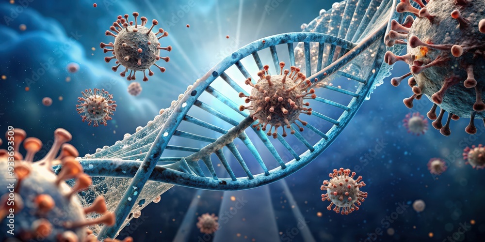 Poster of a virus dna molecule with a damaged structure, showing the destruction of human genome due to gen