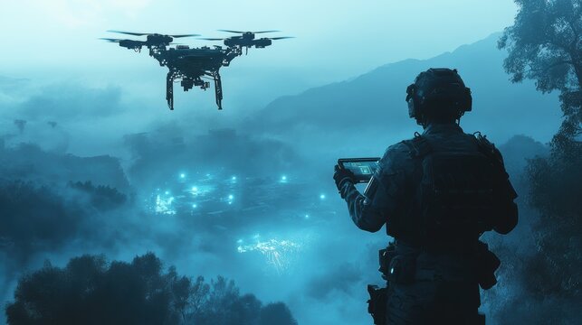 Futuristic Military Technology Concept - Soldier Operating Drone to Survey Artificial Intelligence Enemy Bases