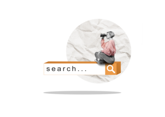 A man with a laptop is sitting on a big search area, isolated on free png background. Searching for information on the internet concept.