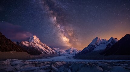 The night sky over Mt. Cook, with the Milky Way stretching across the sky above the snow-covered peaks and glaciers. © sarun