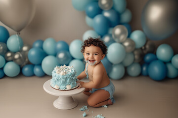 latin baby boy happy with dirty face next to birthday cake in the background balloons in blue tones out of focus in smash cake studio photo session