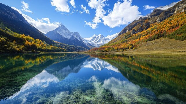 The serene Five-Color Lake in Yading Nature Reserve, with its crystal-clear waters reflecting the surrounding mountains and blue sky.