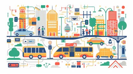 Engage with transportation icons representing commuter essentials like metro stations, bus stops,