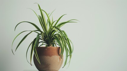 Spider plant growing in a terracotta pot on a white background