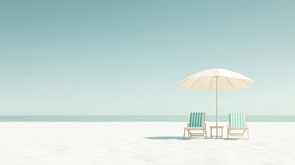 Fototapeta premium Simple and clean image of a beach umbrella with two chairs positioned on white sand evoking a sense of relaxation and minimalistic beach vibes.