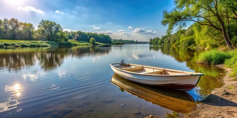 Fototapeta premium PVC boat parked on the river bank on a sunny summer day, PVC, boat, river, bank, summer, water, recreation, outdoor