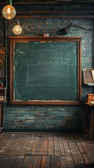 Vintage Classroom Chalkboard with Handwritten Notes in Rustic Industrial Setting with Exposed Brick Walls