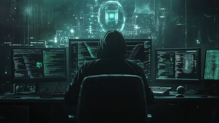 Cyber Criminality: Human Hacker Breaking AI Defense System in Darkened Room
