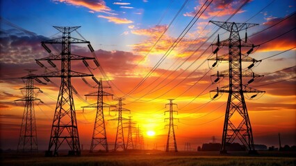 Silhouette electricity pole and pylons technology against sunset background with copy space