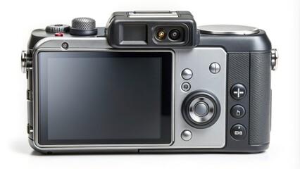 Rear view of a sleek digital camera featuring a large LCD screen, mode dial, and various buttons for easy navigation and control.