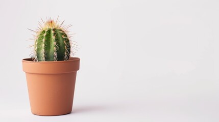 Small cactus growing in a terracotta pot on a white background