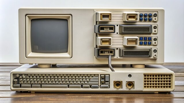Rear view of a vintage personal computer showing a row of outdated serial ports, parallel port, and other outdated connectivity interfaces.