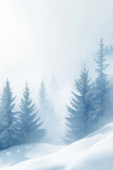 Fototapeta premium Misty snowy hills adorned with frosted evergreens create a serene, winter wonderland scene, evoking a sense of calm and peaceful solitude. Ideal for winter-themed designs with ample copy space.