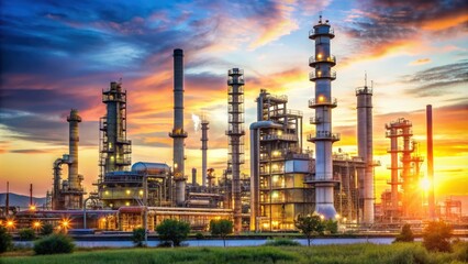 Obraz premium Large oil refinery plant at sunrise with clear blue sky in render, oil refinery, plant, energy, industry, sunrise