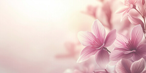 Obraz premium Delicate pink flowers with soft focus on a pastel background, exuding a sense of calmness and romanticism. The image has a light, airy feel, perfect for spring or wedding themes.