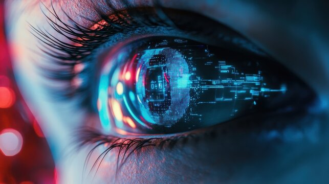 Cybernetic Gaze: Human Eye Reflecting Cold AI Interface