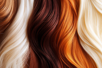 Fototapeta premium A close-up view of various strands of hair in shades of blonde, red, and brown, showing the diversity of hair color and texture. The image highlights beauty and self-expression.