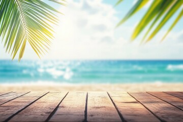 A serene tropical beach scene with palm leaves and ocean waves. The wooden deck in the foreground adds a rustic touch.