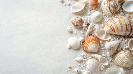 Simple and elegant image of assorted seashells scattered on white sand, with a clean background enhancing the minimalist and natural appeal.