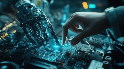 Obraz premium Tech Engineer Salvaging Valuable Components from Damaged AI Robot for Resistance Movement