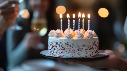 A festive birthday cake with colorful sprinkles and candles, perfect for celebrating special moments and creating joyful memories.
