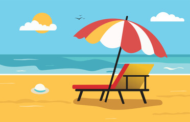 Summer beach illustration, beautiful beach scenery holiday concept vector design.