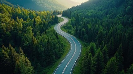 Aerial Perspective of Serpentine Mountain Road Cutting Through Lush Forest Canopy