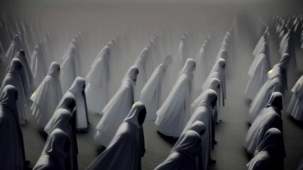 Group of hooded figures in white robes walking in misty desert mysterious and eerie atmosphere spiritual ritual procession anonymous people strange surreal scene cinematic landscape journey - Powered by Adobe