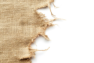 Realistic Burlap texture. A piece of torn burlap isolated on a white background	