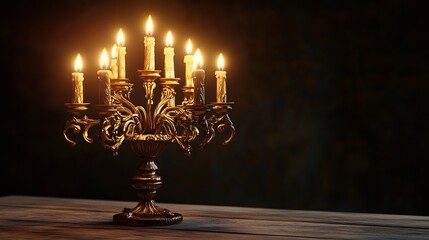 Fototapeta premium Golden Candelabra with Burning Candles on a Wooden Table