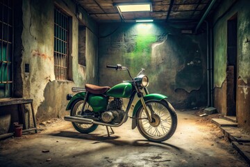 Retro green motorbike with faded decals parked on a dusty concrete floor, surrounded by dimly lit shadows, in a cluttered basement on a Monday morning.