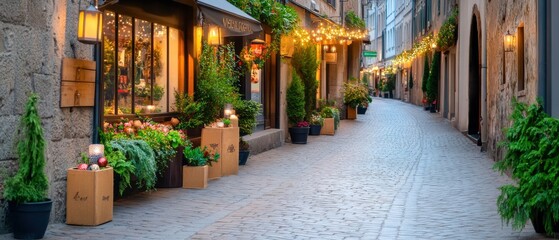 Fototapeta premium Charming European Street With String Lights