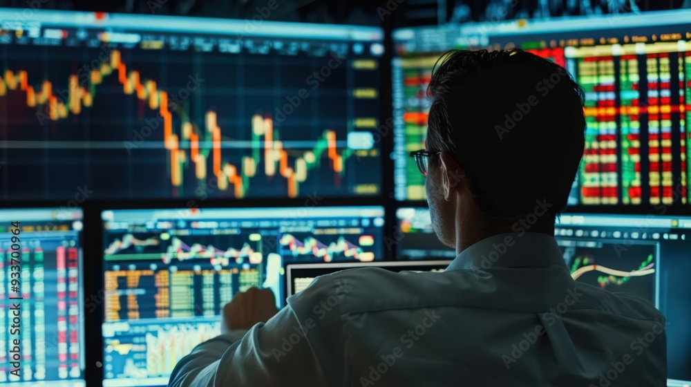 Poster financial analysts examining a stock chart with complex candlestick patterns and moving averages.