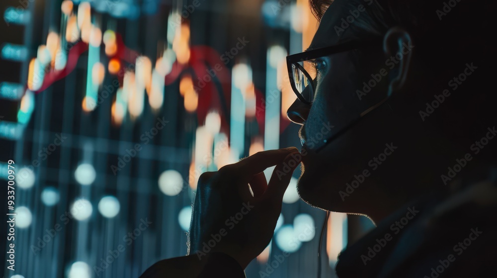 Poster financial analysts examining a stock chart with complex candlestick patterns and moving averages.