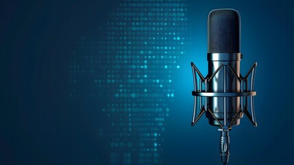 Microphone with waveform on blue background, broadcasting or podcasting banner. 