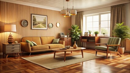 Retro-style living room with warm wood floor, beige walls, and vintage furniture, evoking a nostalgic 1970s atmosphere of comfort and simplicity.