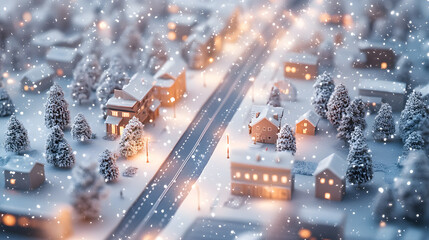 3d landscape of snowy city or town. Cute city with road, trees, buildings covered with snow.