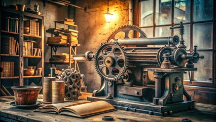 Fototapeta premium Retro-style metal printing press with ornate details and rusted gears, surrounded by dusty books, papers, and vintage typewriter on a worn wooden workbench.